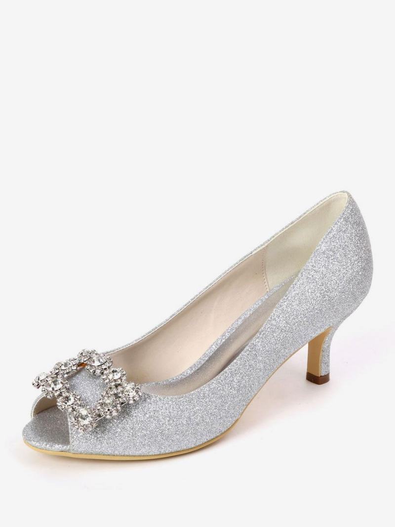 Γυναικείο Rhinestone Glitter Kitten Heel Bridal Pumps Peep Toe - Λευκό