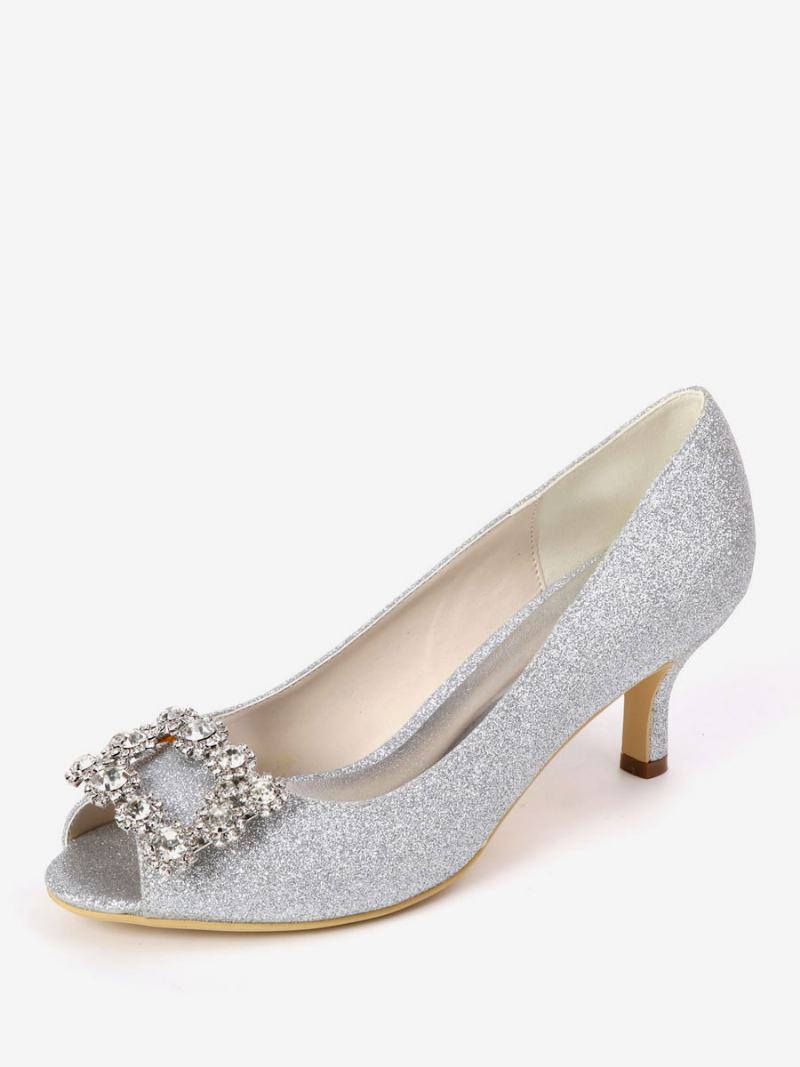 Γυναικείο Rhinestone Glitter Kitten Heel Bridal Pumps Peep Toe - Ασημί