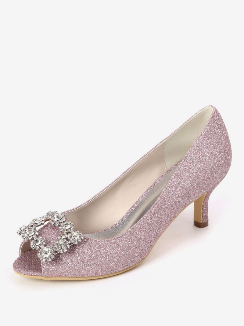 Γυναικείο Rhinestone Glitter Kitten Heel Bridal Pumps Peep Toe - Φούξια Ροζ