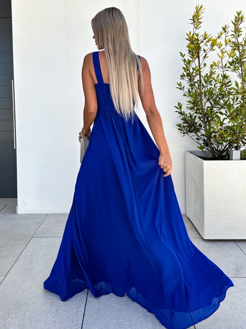 Γυναικείο Royal Blue Φόρεμα Prom Maxi Με Πλισέ Λαιμόκοψη V Empire Waist High Slit - Βασιλικό Μπλε