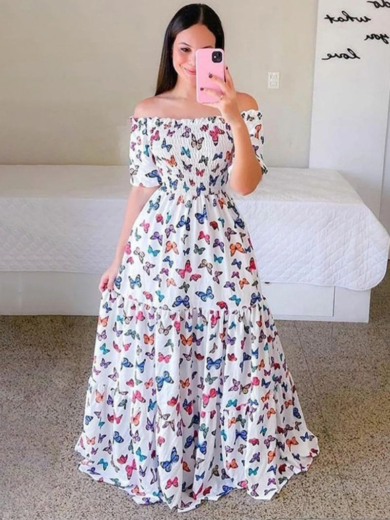 Γυναικείο Smocked Φόρεμα Floral Off The Shoulder Tiered Casual Καλοκαιρινά Φορέματα - Λευκό