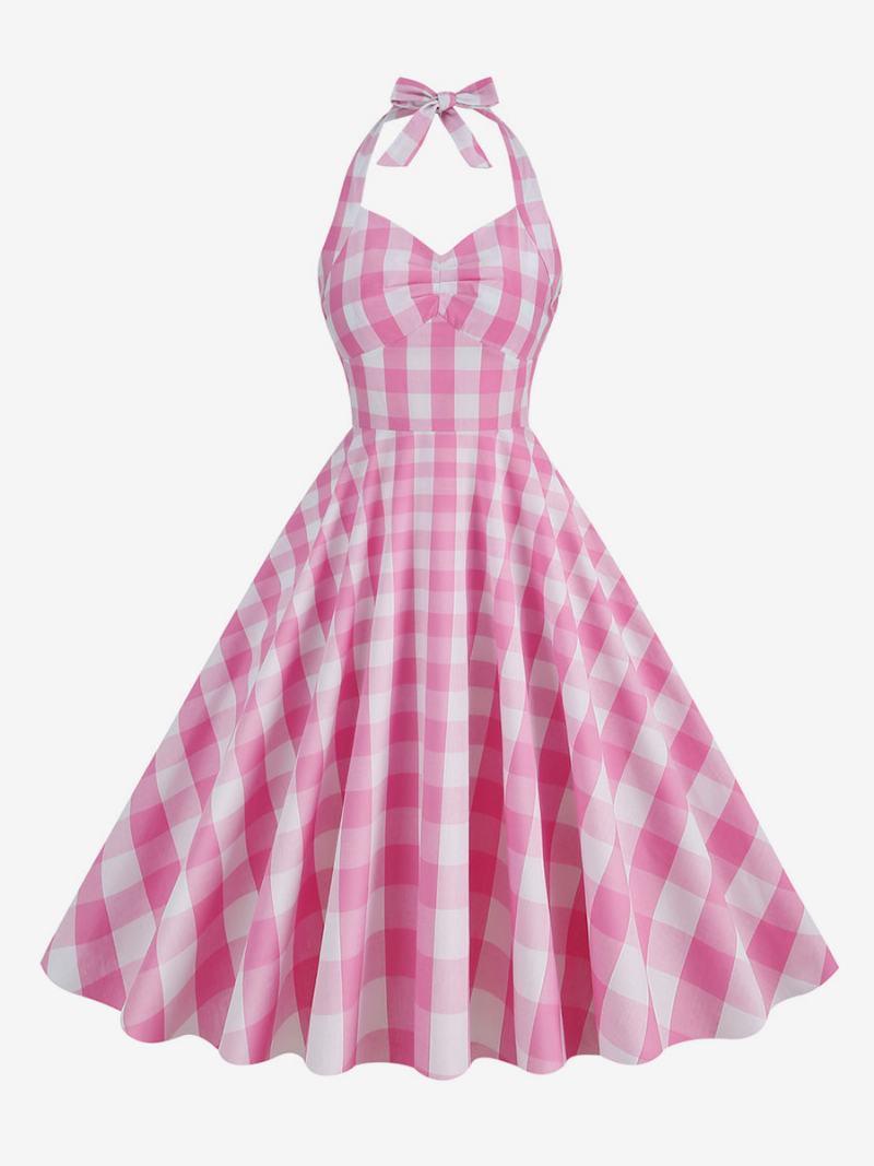 Γυναικείο Vintage Φόρεμα Barbie Pink Gingham 1950s Καρό Πλισέ Halter