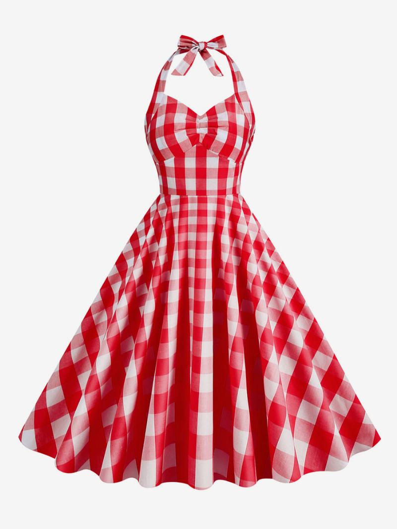 Γυναικείο Vintage Φόρεμα Barbie Pink Gingham 1950s Καρό Πλισέ Halter - Κόκκινο