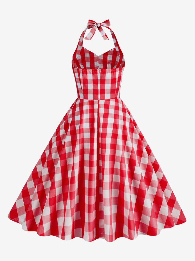 Γυναικείο Vintage Φόρεμα Barbie Pink Gingham 1950s Καρό Πλισέ Halter - Κόκκινο