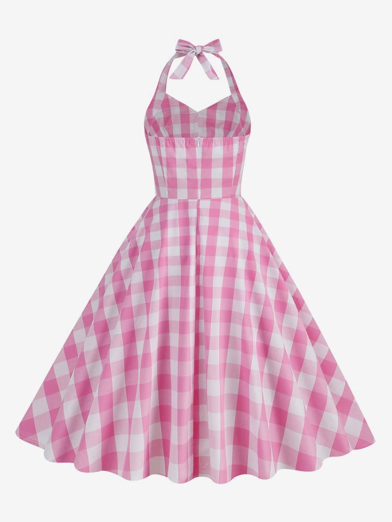 Γυναικείο Vintage Φόρεμα Barbie Pink Gingham 1950s Καρό Πλισέ Halter - Ροζ