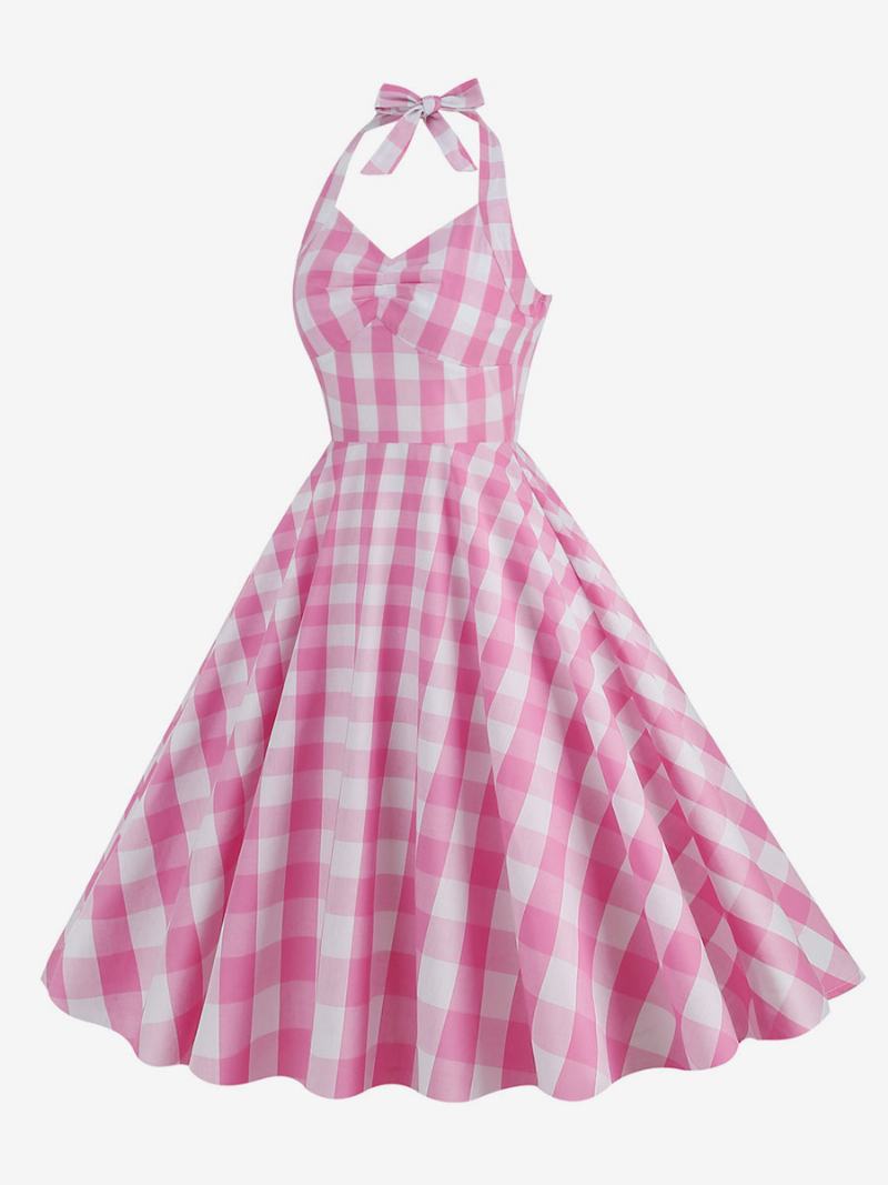 Γυναικείο Vintage Φόρεμα Barbie Pink Gingham 1950s Καρό Πλισέ Halter - Ροζ