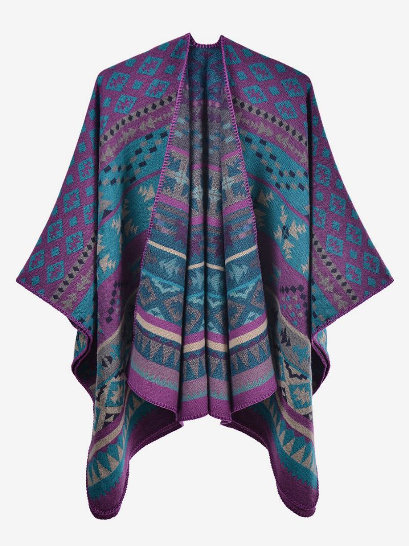 Γυναικείο Ακρωτήριο Bohemian Geometric Oversized Φθινοπωρινό Χειμερινό Πόντσο - Μωβ