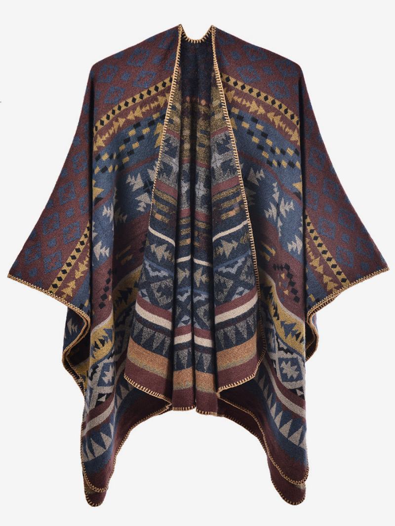 Γυναικείο Ακρωτήριο Bohemian Geometric Oversized Φθινοπωρινό Χειμερινό Πόντσο - Σκούρο Ναυτικό