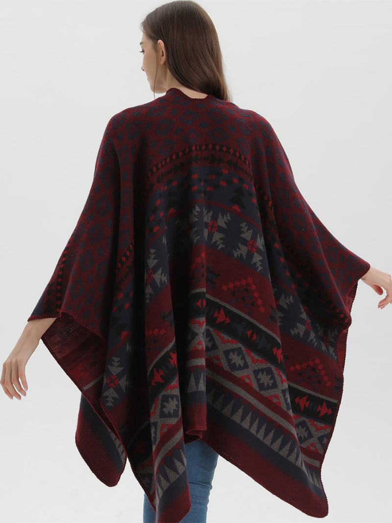 Γυναικείο Ακρωτήριο Bohemian Geometric Oversized Φθινοπωρινό Χειμερινό Πόντσο - Βουργουνδία