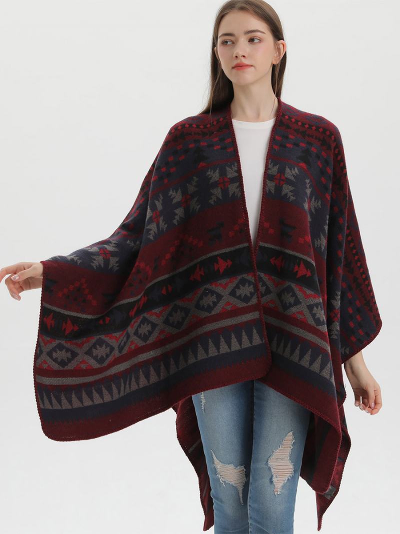 Γυναικείο Ακρωτήριο Bohemian Geometric Oversized Φθινοπωρινό Χειμερινό Πόντσο - Βουργουνδία