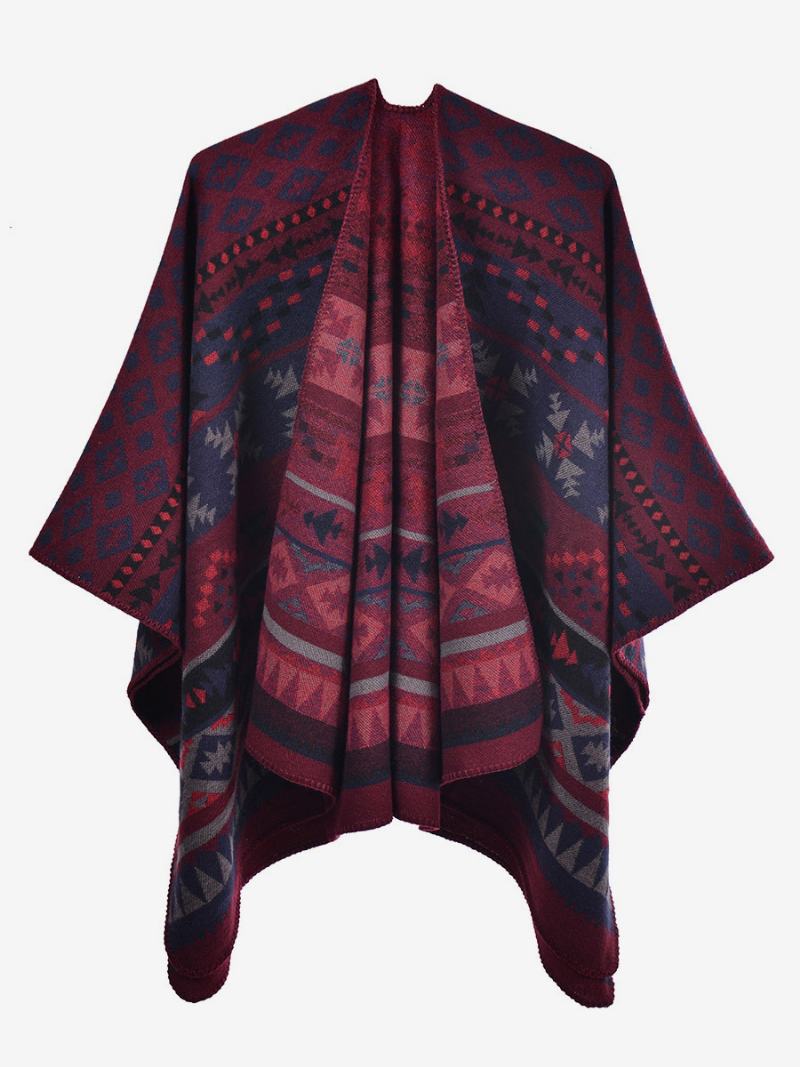 Γυναικείο Ακρωτήριο Bohemian Geometric Oversized Φθινοπωρινό Χειμερινό Πόντσο - Βουργουνδία