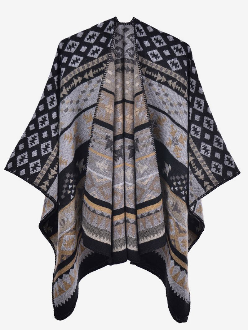 Γυναικείο Ακρωτήριο Bohemian Geometric Oversized Φθινοπωρινό Χειμερινό Πόντσο - Μαύρο