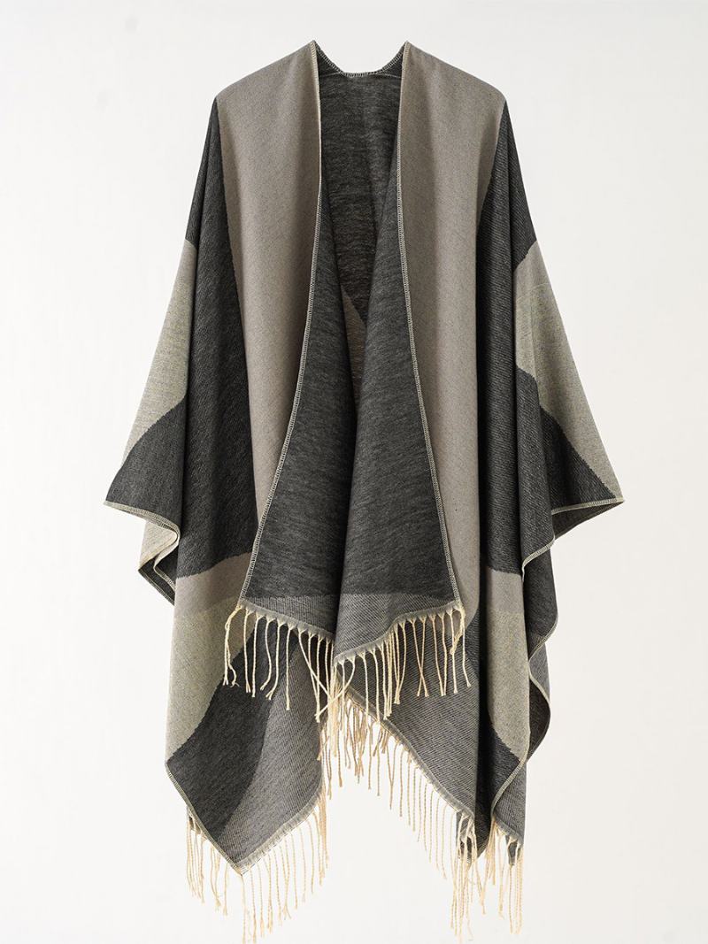 Γυναικείο Δίχρωμο Cape Daily Causal Poncho Με Φράντζα