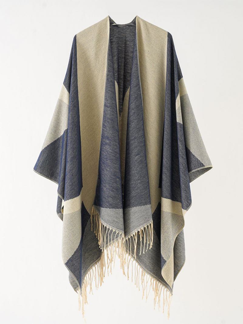 Γυναικείο Δίχρωμο Cape Daily Causal Poncho Με Φράντζα - Dark Navy