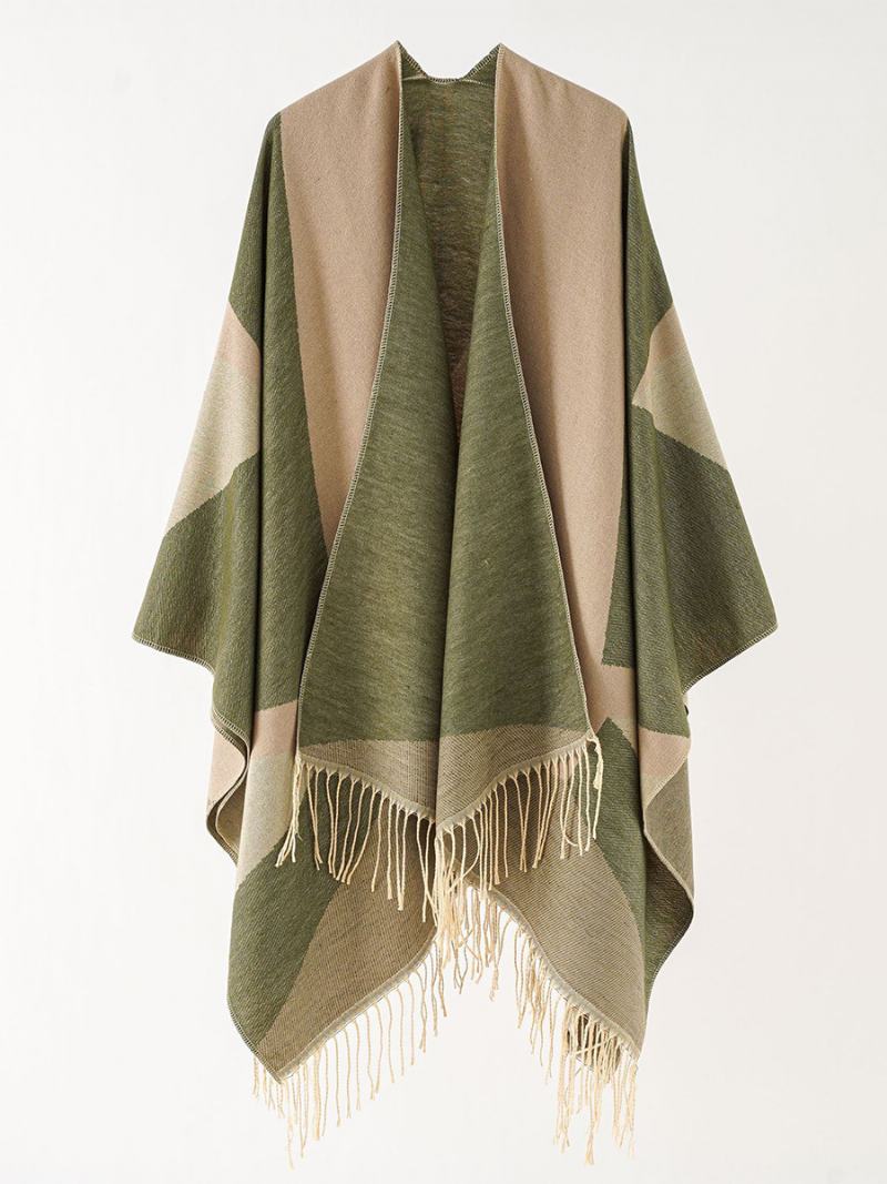 Γυναικείο Δίχρωμο Cape Daily Causal Poncho Με Φράντζα - Hunter Green