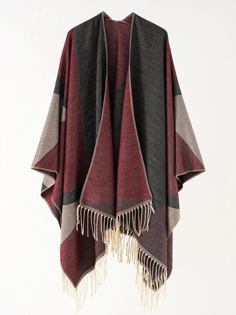 Γυναικείο Δίχρωμο Cape Daily Causal Poncho Με Φράντζα - Burgundy