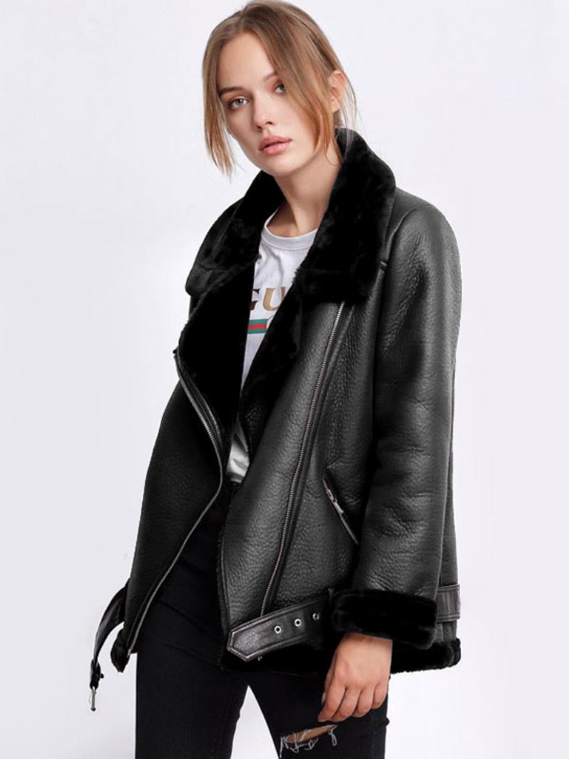 Γυναικείο Δερμάτινο Μπουφάν Faux Shearling Pu Moto Jacket Χειμερινά Πανωφόρια