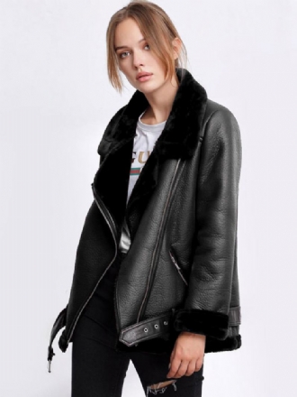 Γυναικείο Δερμάτινο Μπουφάν Faux Shearling Pu Moto Jacket Χειμερινά Πανωφόρια