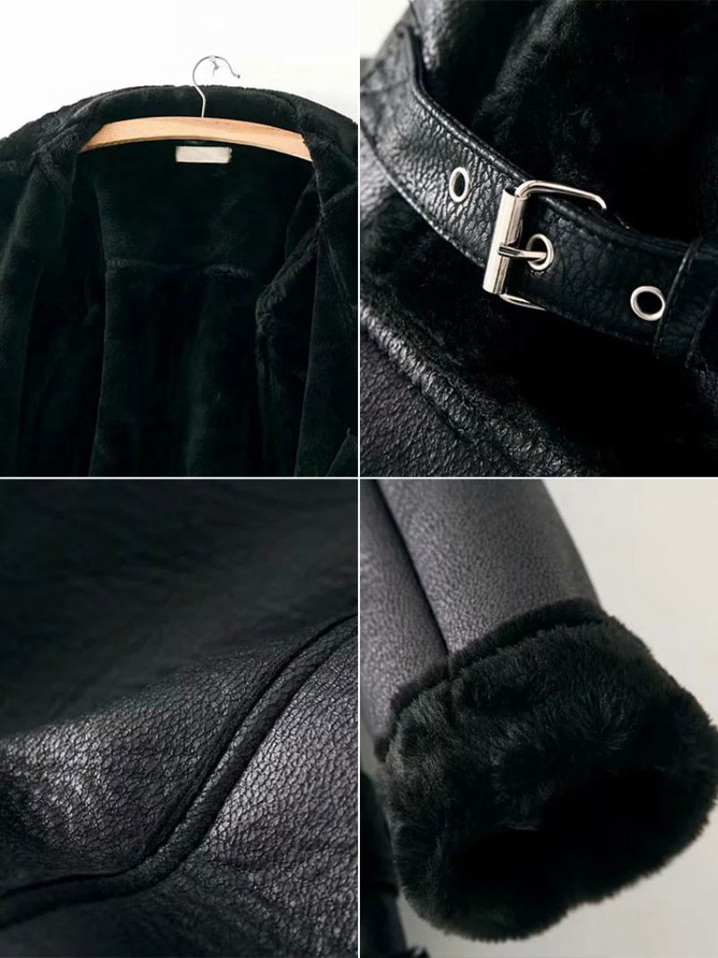 Γυναικείο Δερμάτινο Μπουφάν Faux Shearling Pu Moto Jacket Χειμερινά Πανωφόρια - Μαύρο