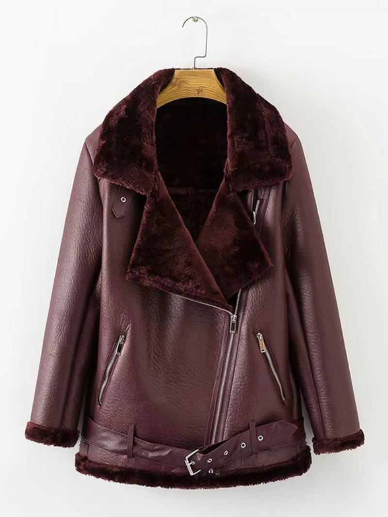 Γυναικείο Δερμάτινο Μπουφάν Faux Shearling Pu Moto Jacket Χειμερινά Πανωφόρια - Βουργουνδία