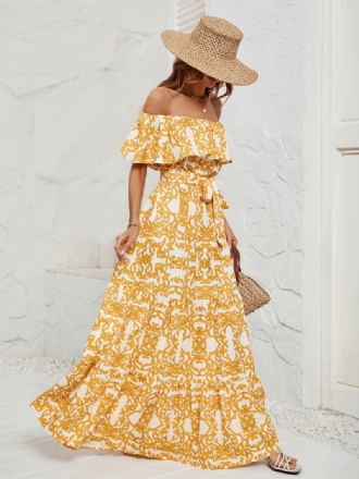 Γυναικείο Εμπριμέ Φόρεμα Off The Shoulder Belted Backless Tiered Casual Καλοκαιρινά Μάξι Φορέματα