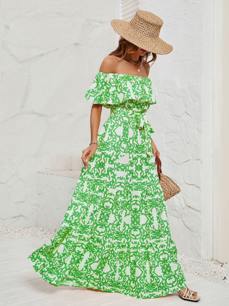 Γυναικείο Εμπριμέ Φόρεμα Off The Shoulder Belted Backless Tiered Casual Καλοκαιρινά Μάξι Φορέματα - Πράσινο