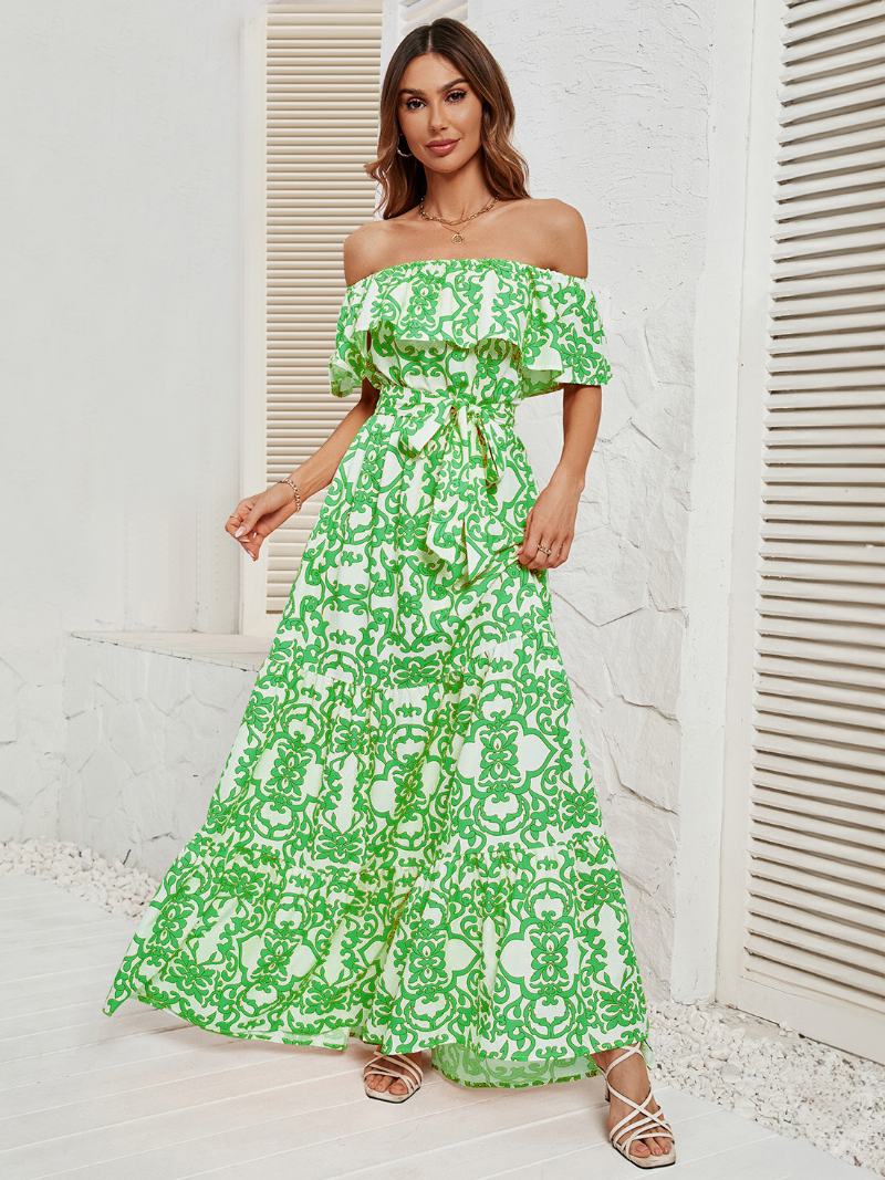 Γυναικείο Εμπριμέ Φόρεμα Off The Shoulder Belted Backless Tiered Casual Καλοκαιρινά Μάξι Φορέματα - Πράσινο