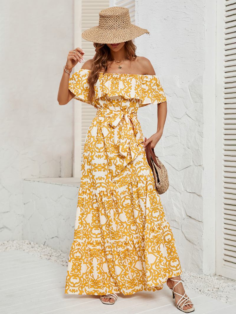 Γυναικείο Εμπριμέ Φόρεμα Off The Shoulder Belted Backless Tiered Casual Καλοκαιρινά Μάξι Φορέματα - Κίτρινο