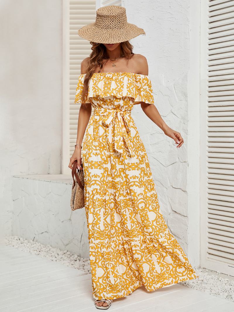 Γυναικείο Εμπριμέ Φόρεμα Off The Shoulder Belted Backless Tiered Casual Καλοκαιρινά Μάξι Φορέματα - Κίτρινο