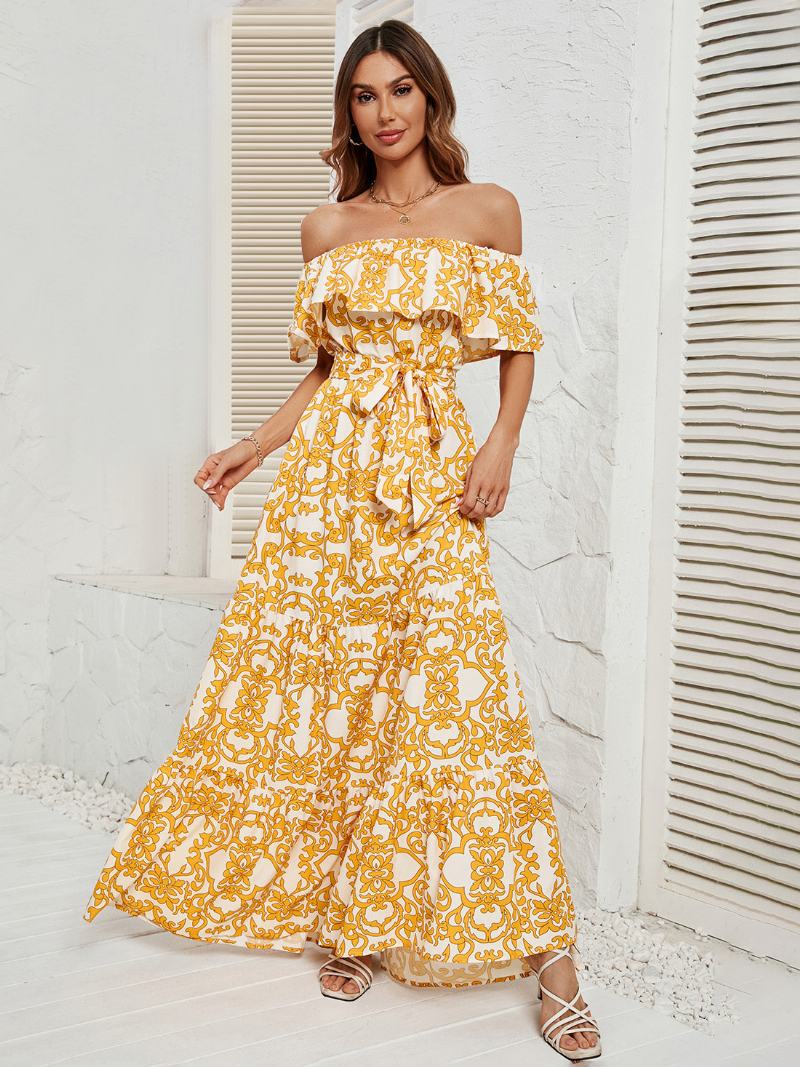 Γυναικείο Εμπριμέ Φόρεμα Off The Shoulder Belted Backless Tiered Casual Καλοκαιρινά Μάξι Φορέματα - Κίτρινο