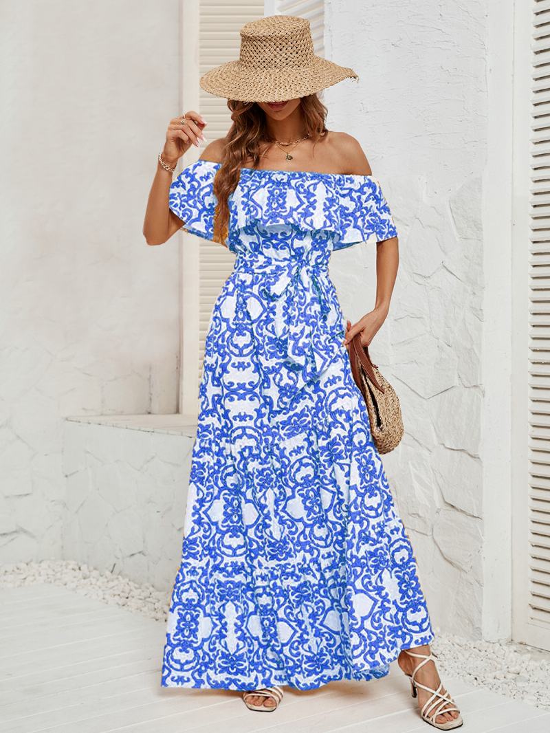 Γυναικείο Εμπριμέ Φόρεμα Off The Shoulder Belted Backless Tiered Casual Καλοκαιρινά Μάξι Φορέματα - Μπλε