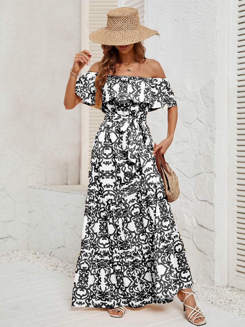 Γυναικείο Εμπριμέ Φόρεμα Off The Shoulder Belted Backless Tiered Casual Καλοκαιρινά Μάξι Φορέματα - Μαύρο