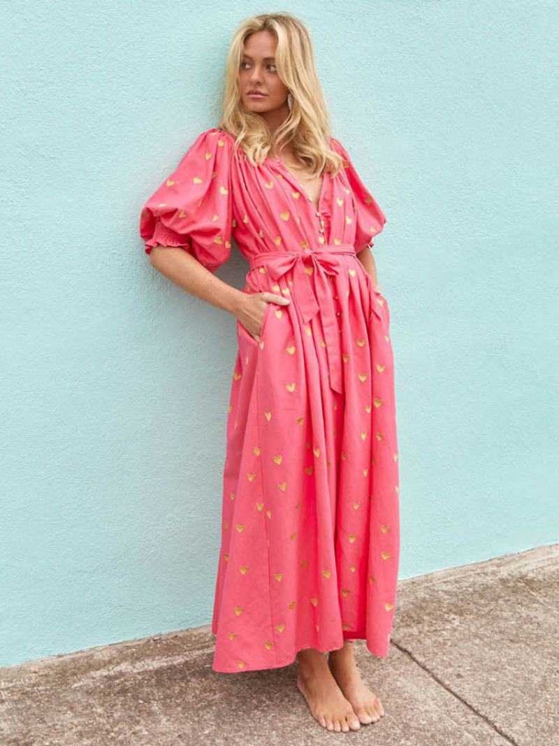 Γυναικείο Καλοκαιρινό Φόρεμα Plunge Heart Printed Lantern Sleeves Ζωσμένες Casual Maxi Φορέματα - Το Κόκκινο