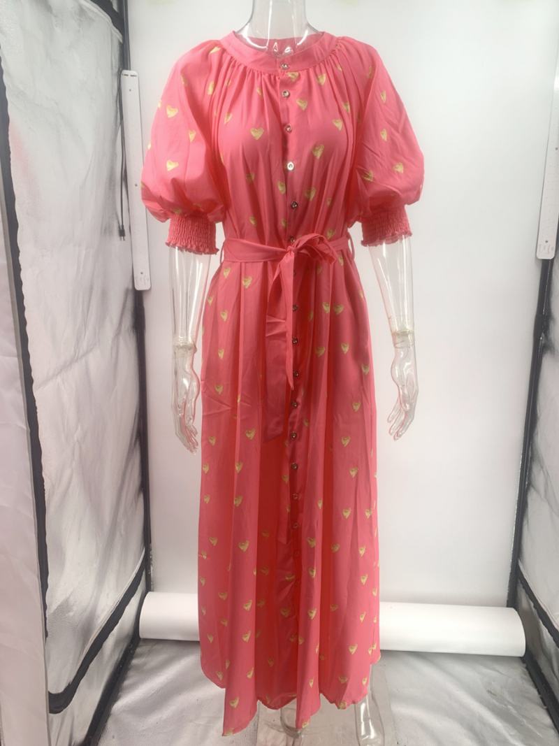 Γυναικείο Καλοκαιρινό Φόρεμα Plunge Heart Printed Lantern Sleeves Ζωσμένες Casual Maxi Φορέματα - Το Κόκκινο