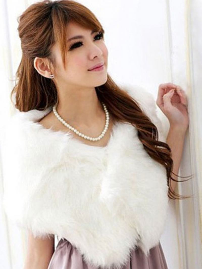 Γυναικείο Λευκό Σάλι Γάμου Faux Fur Stole Fluffy Bridal Wrap Ανασηκώνοντας Τους Ώμους