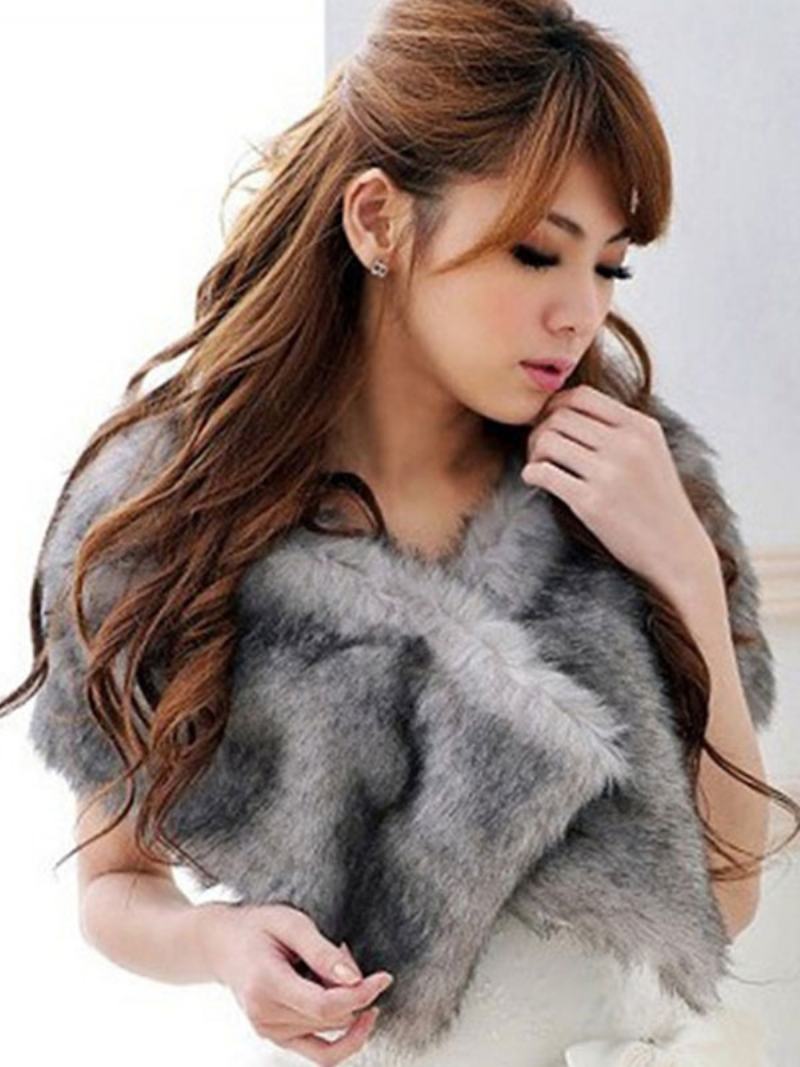 Γυναικείο Λευκό Σάλι Γάμου Faux Fur Stole Fluffy Bridal Wrap Ανασηκώνοντας Τους Ώμους - Γκρι