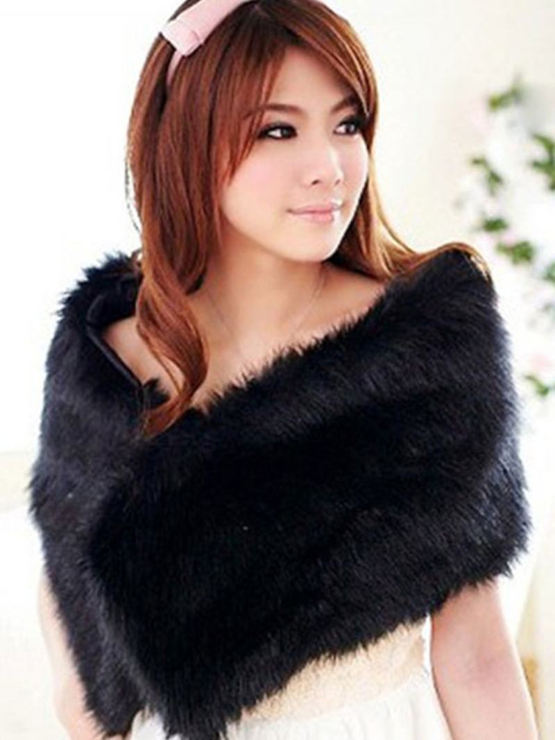 Γυναικείο Λευκό Σάλι Γάμου Faux Fur Stole Fluffy Bridal Wrap Ανασηκώνοντας Τους Ώμους - Μαύρο