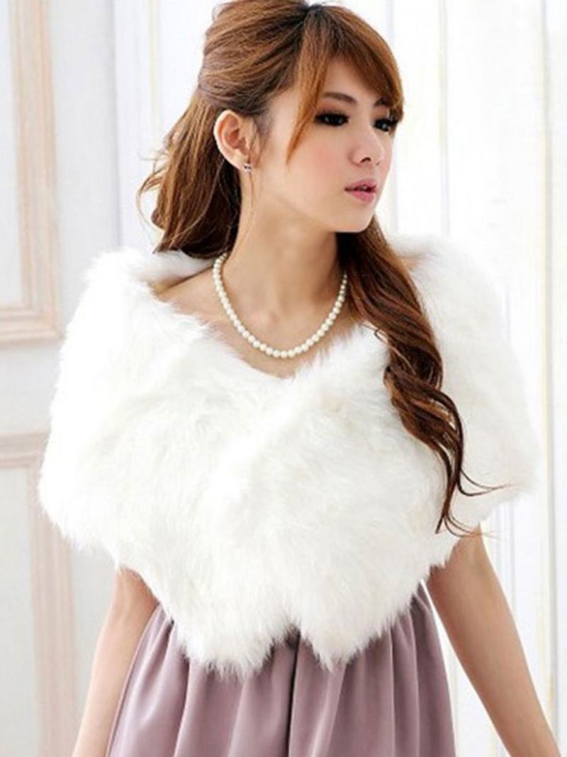 Γυναικείο Λευκό Σάλι Γάμου Faux Fur Stole Fluffy Bridal Wrap Ανασηκώνοντας Τους Ώμους - Λευκό