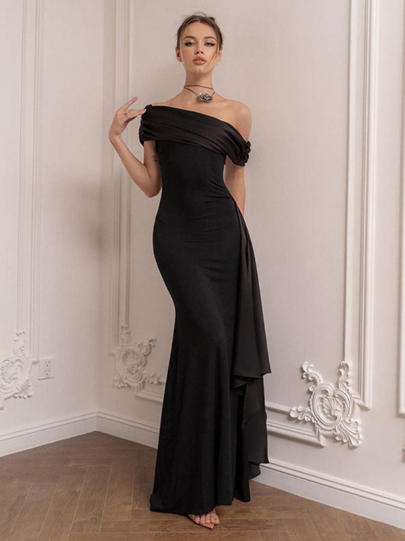 Γυναικείο Μαύρο Φόρεμα Prom One Shoulder Πλισέ Ασύμμετρο Cabrio Maxi Φορέματα