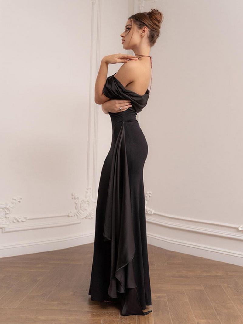 Γυναικείο Μαύρο Φόρεμα Prom One Shoulder Πλισέ Ασύμμετρο Cabrio Maxi Φορέματα - Μαύρος