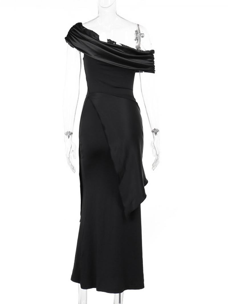 Γυναικείο Μαύρο Φόρεμα Prom One Shoulder Πλισέ Ασύμμετρο Cabrio Maxi Φορέματα - Μαύρος