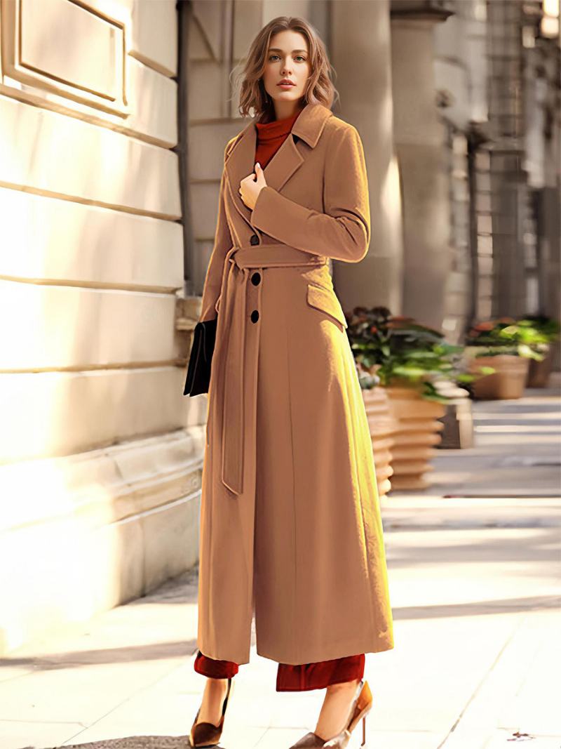 Γυναικείο Παλτό Coffee Brown Turndown Collar Winter Wrap Coat - Καφέ Καφέ