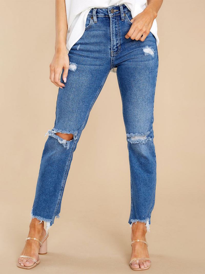 Γυναικείο Παντελόνι Distressed Jeans Tapered Fit Tassel Trim Zipper Fly