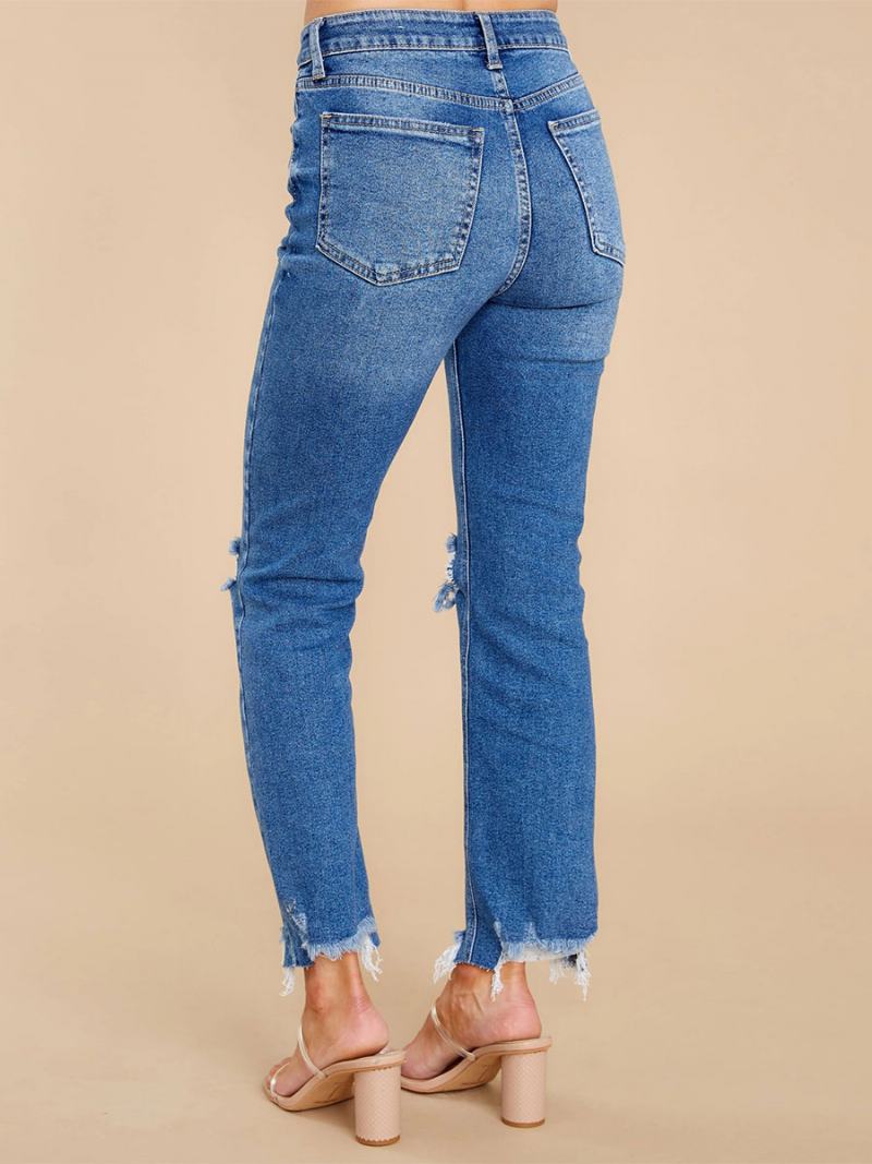 Γυναικείο Παντελόνι Distressed Jeans Tapered Fit Tassel Trim Zipper Fly - Μπλε