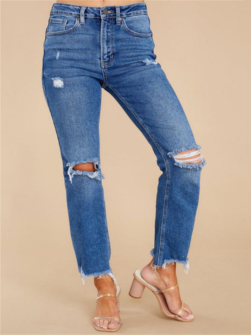 Γυναικείο Παντελόνι Distressed Jeans Tapered Fit Tassel Trim Zipper Fly - Μπλε