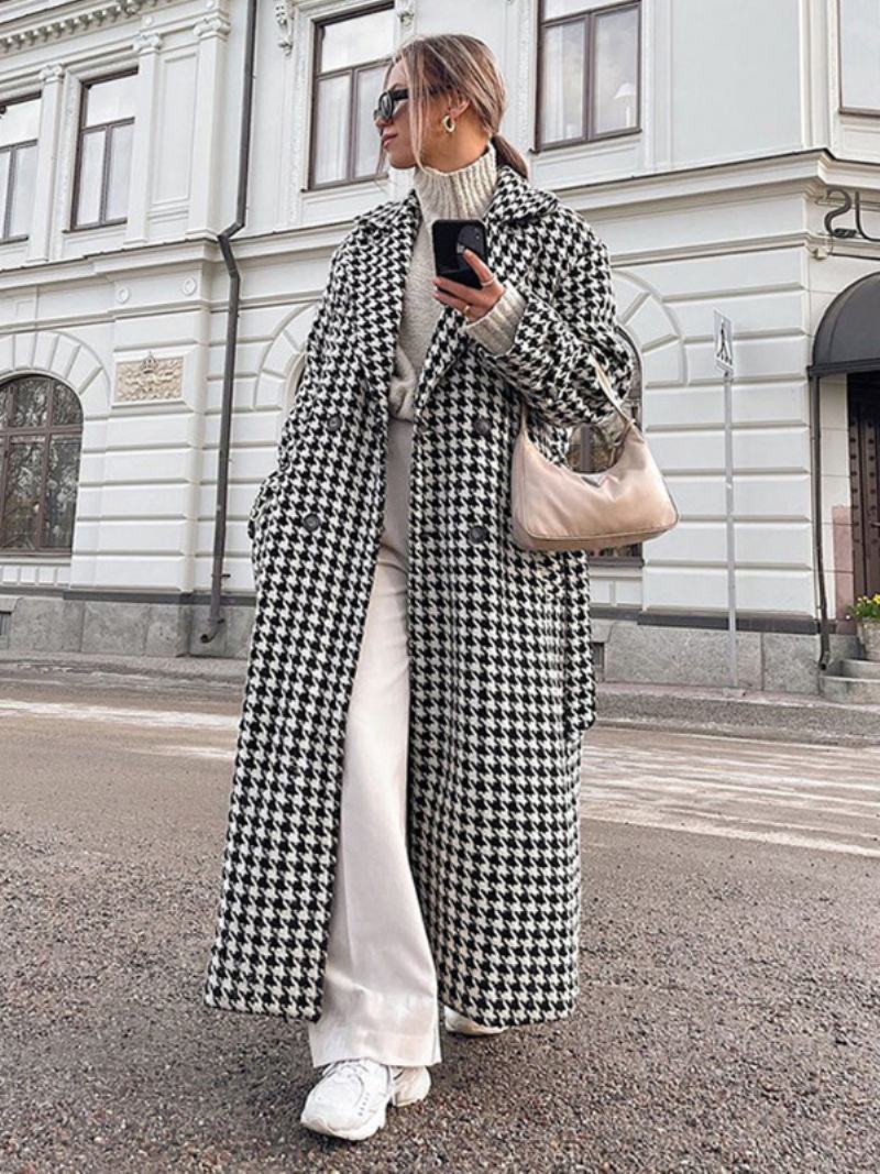 Γυναικείο Πανωφόρι Houndstooth Μακριά Χειμωνιάτικα Πανωφόρια Με Οδοντωτές Κουμπιά Πέτο