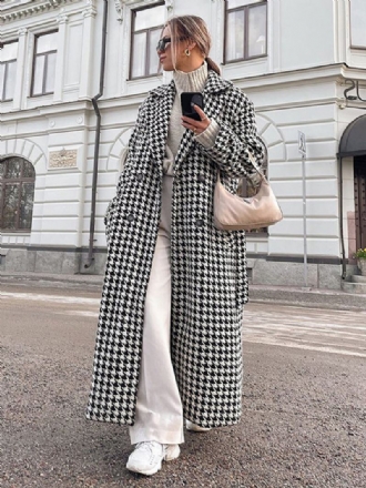 Γυναικείο Πανωφόρι Houndstooth Μακριά Χειμωνιάτικα Πανωφόρια Με Οδοντωτές Κουμπιά Πέτο