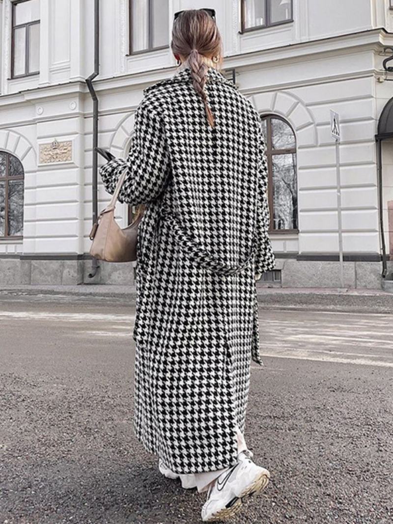 Γυναικείο Πανωφόρι Houndstooth Μακριά Χειμωνιάτικα Πανωφόρια Με Οδοντωτές Κουμπιά Πέτο - Μαύρο