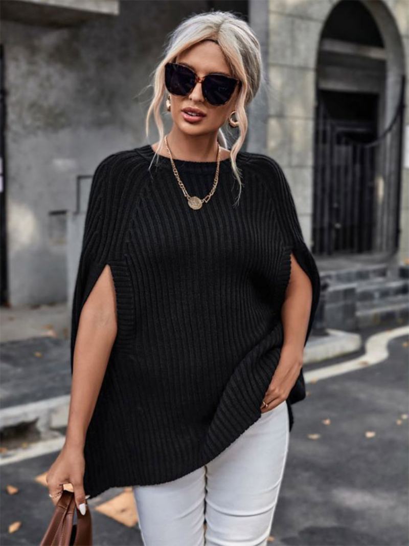 Γυναικείο Πλεκτό Poncho Jewel Neck Μαύρο Φθινοπωρινό Ακρωτήριο