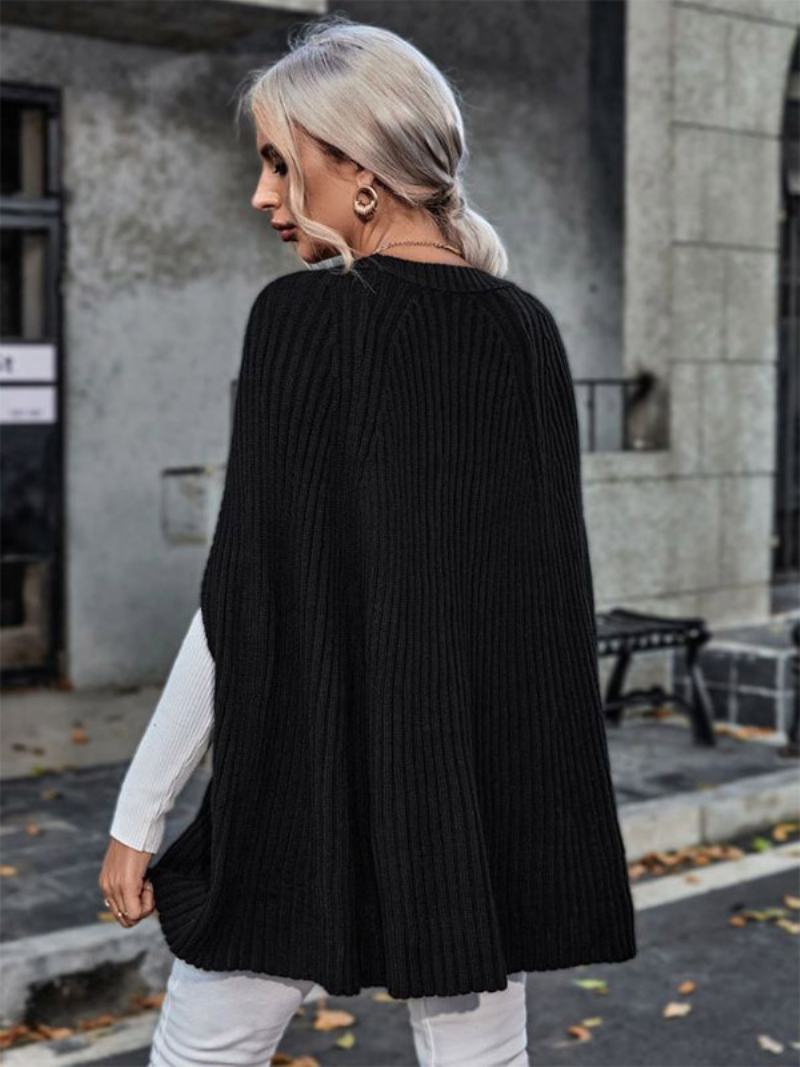 Γυναικείο Πλεκτό Poncho Jewel Neck Μαύρο Φθινοπωρινό Ακρωτήριο - Μαύρος